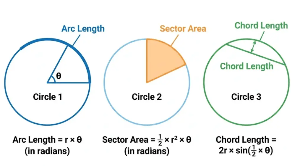 Diagram showing arc length, sector area and chord length of a circle