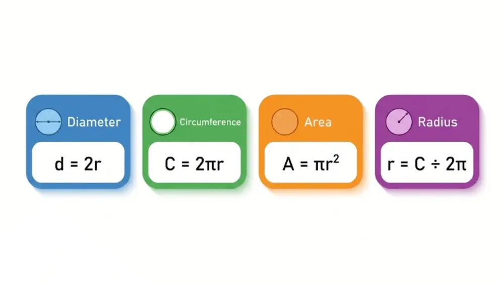 Infographic showing circle formulas for diameter, circumference, area and radius