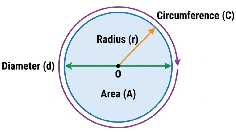 Circle diagram showing radius, diameter, circumference and area