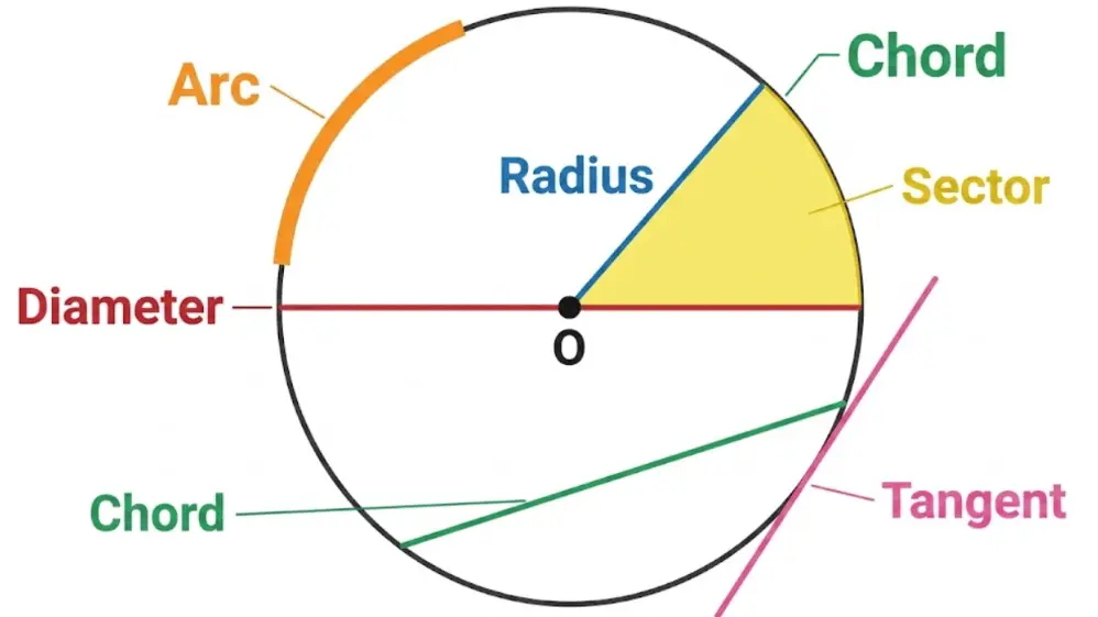 Labelled diagram showing all parts of a circle including arc, chord, sector and tangent